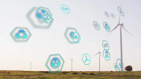 On entry from left, teal hex icons drifting across field, turbines rotating, Stock Footage 333975857