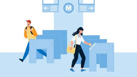 Entry Metro People Pass Through Turnstiles Vector Ilustración de archivo