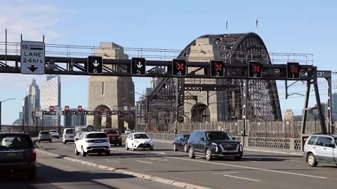 Entry to the Sydney Harbour bridge with heavy traffic on highway to CBD 4k. Stock Footage 166121474