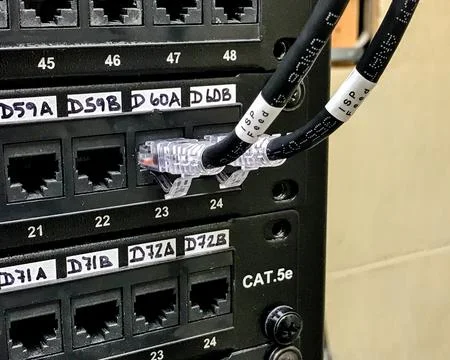 Enumerated ethernet patch panels with cables connected to the ports Stock Photos
