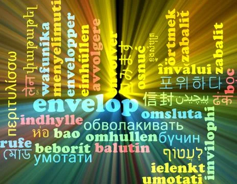 Envelop multilanguage wordcloud background concept glowing Stock Illustration