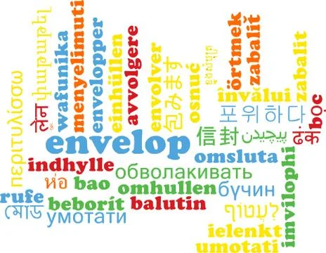 Envelop multilanguage wordcloud background concept Illustrazione stock