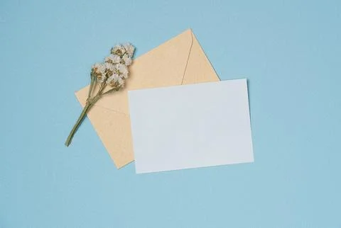 Envelope and empty white paper list with flower on blue background from above Stock Photos