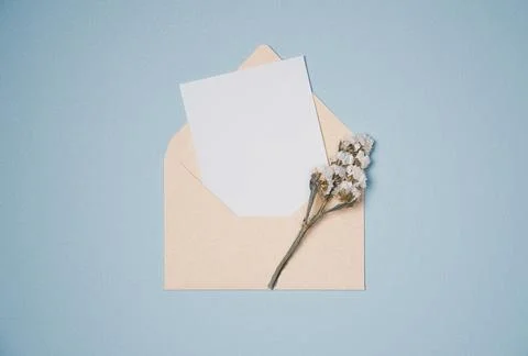 Envelope and empty white paper list with flower on blue background from abo.. Stock Photos