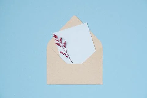 Envelope and empty white paper list with flower on blue background from abo.. Stock Photos