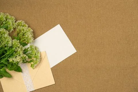 Envelope and paper blank sheet with flower on fabric background from above... Stock Photos