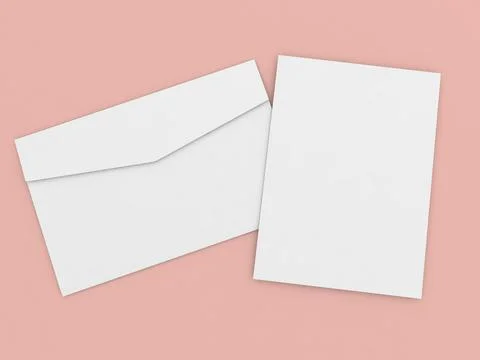 Envelope and sheet of A4 paper on a pink background. Illustrazione stock