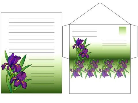 Envelope and a sheet for writing letters colored with flowers Irises. Stock Illustration