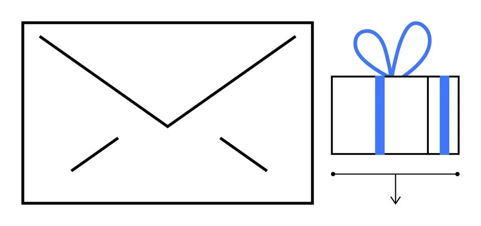 Envelope and Wrapped Gift Box with Arrow in Minimalist Black and Blue Style Stock Illustration