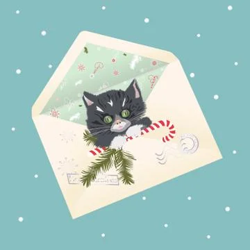 Envelope with  black kitten Illustrazione stock