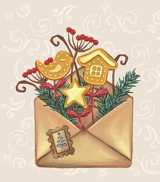 Envelope with Christmas decorations, sweets, lollipops, cookies Illustrazione stock