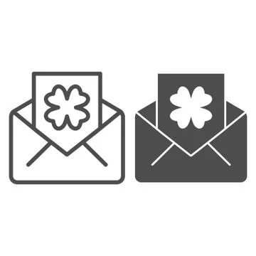 Envelope with clover postcard line and solid icon. Letter with shamrock outline Illustrazione stock