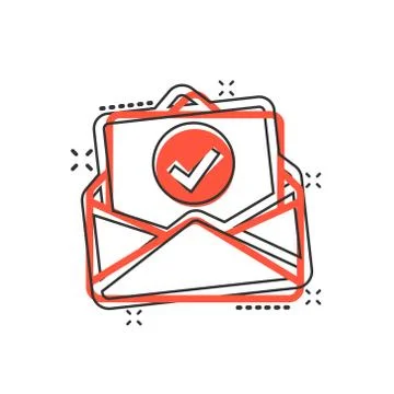 Envelope with confirmed document icon in comic style. Verify cartoon vector i Illustrazione stock