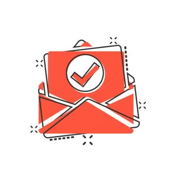 Envelope with confirmed document icon in comic style. Verify cartoon vector i Stock-Illustration
