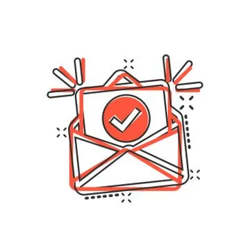 Envelope with confirmed document icon in comic style. Verify cartoon vector i Illustrazione stock