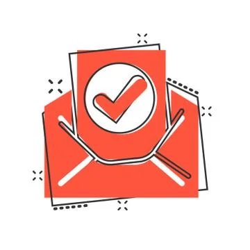 Envelope with confirmed document icon in comic style. Verify cartoon vector i Stock Illustration
