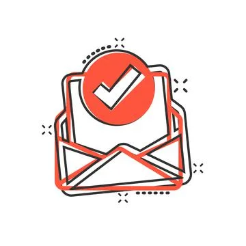 Envelope with confirmed document icon in comic style. Verify cartoon vector i Stock Illustration