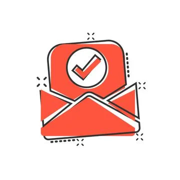 Envelope with confirmed document icon in comic style. Verify cartoon vector i Stock Illustration