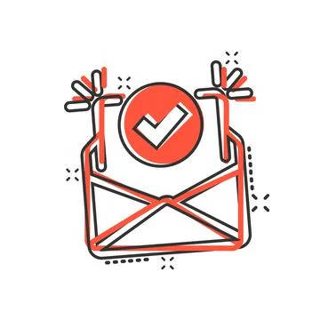 Envelope with confirmed document icon in comic style. Verify cartoon vector i Illustrazione stock