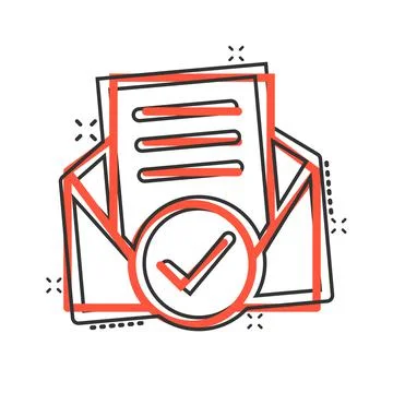 Envelope with confirmed document icon in comic style. Verify cartoon vector i Stock Illustration