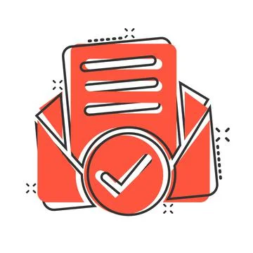 Envelope with confirmed document icon in comic style. Verify cartoon vector i Stock-Illustration