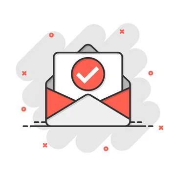 Envelope with confirmed document icon in comic style. Verify cartoon vector i Stock Illustration