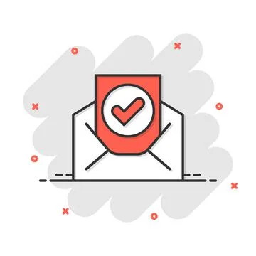 Envelope with confirmed document icon in comic style. Verify cartoon vector i Illustrazione stock