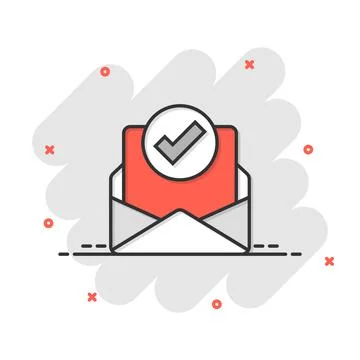 Envelope with confirmed document icon in comic style. Verify cartoon vector i Stock Illustration