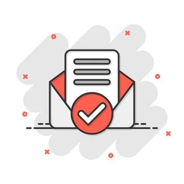 Envelope with confirmed document icon in comic style. Verify cartoon vector i Illustrazione stock