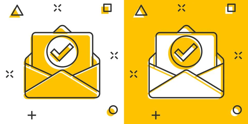 Envelope with confirmed document icon in comic style. Verify cartoon vector i Illustrazione stock