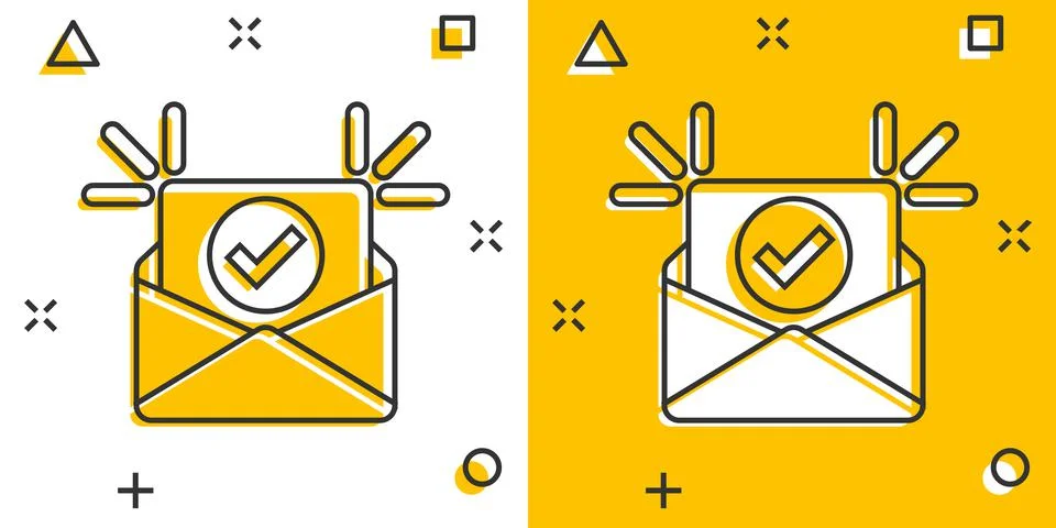 Envelope with confirmed document icon in comic style. Verify cartoon vector i Stock Illustration