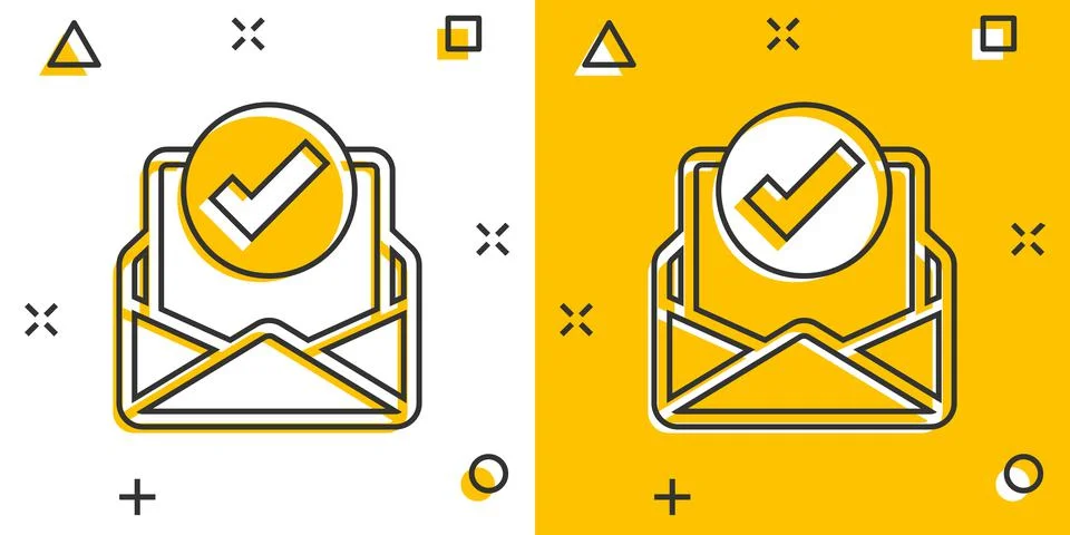 Envelope with confirmed document icon in comic style. Verify cartoon vector i Stock Illustration