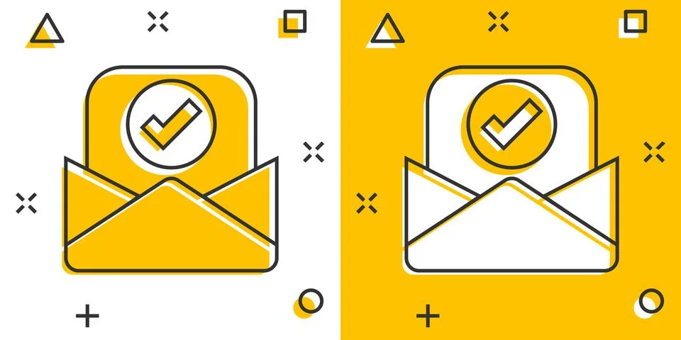 Envelope with confirmed document icon in comic style. Verify cartoon vector i Illustrazione stock