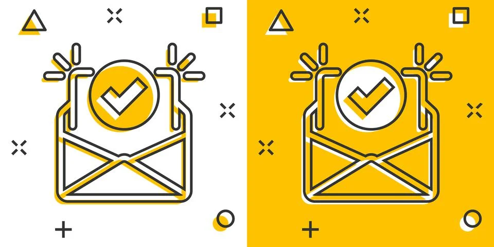 Envelope with confirmed document icon in comic style. Verify cartoon vector i Stock-Illustration