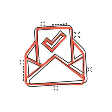 Envelope with confirmed document icon in comic style. Verify cartoon vector i Stock Illustration