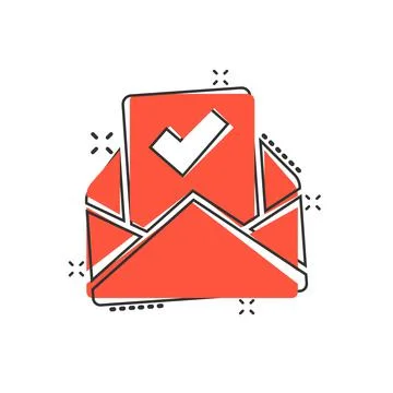 Envelope with confirmed document icon in comic style. Verify cartoon vector i Illustrazione stock