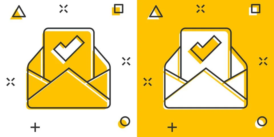 Envelope with confirmed document icon in comic style. Verify cartoon vector i Stock-Illustration