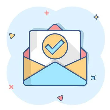 Envelope with confirmed document icon in comic style. Verify cartoon vector i Stock Illustration