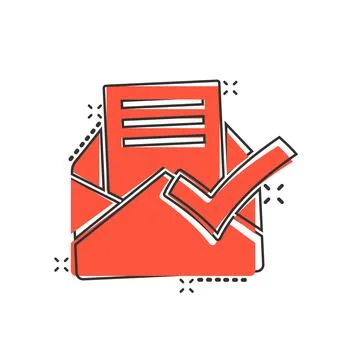 Envelope with confirmed document icon in comic style. Verify cartoon vector.. Illustrazione stock
