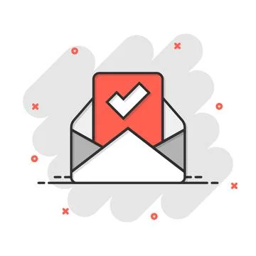 Envelope with confirmed document icon in comic style. Verify cartoon vector.. Illustrazione stock