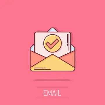 Envelope with confirmed document icon in comic style. Verify cartoon vector.. Illustrazione stock