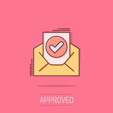 Envelope with confirmed document icon in comic style. Verify cartoon vector.. Stock Illustration