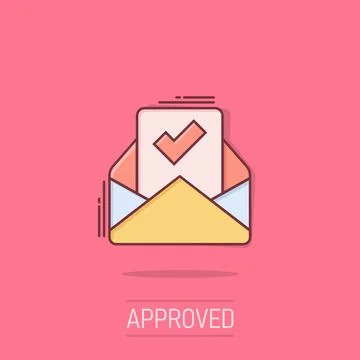 Envelope with confirmed document icon in comic style. Verify cartoon vector.. Illustrazione stock