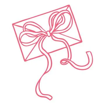 Envelope decorated with ribbon bow line art, vector pink hand drawn festive Stock Illustration