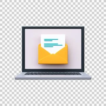 Envelope with a document on a laptop screen. Email concept, 3d render Stock Illustration