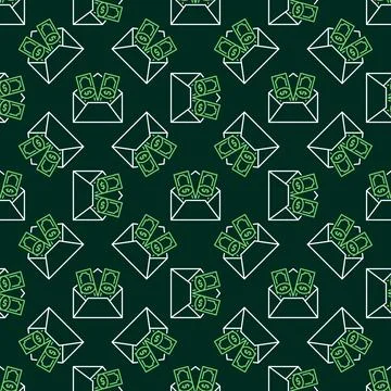 Envelope with Dollar Money vector line green seamless pattern Illustrazione stock