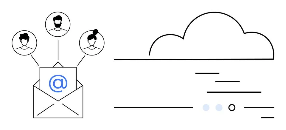 Envelope with email symbol connected to three user avatars, cloud icon on the イラスト素材