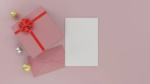 Envelope with empty paper and gift box festive card or love letter 3D render Stock Illustration