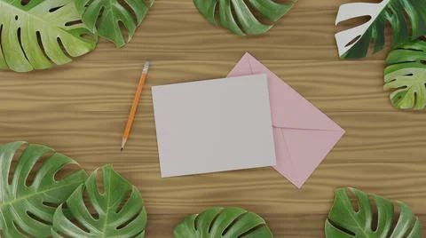 Envelope with empty paper on wooden plank 3D render illustration Stock Illustration
