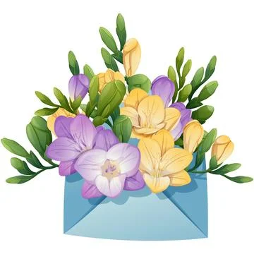 Envelope with freesia on an isolated background. Spring floral illustration.. Stock Illustration